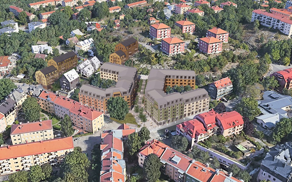 Flygbild över området runt Aspuddens tunnelbanestation. De planerade bostadshusen syns längs Schlytervägen och Erik Segersälls väg. Illustration