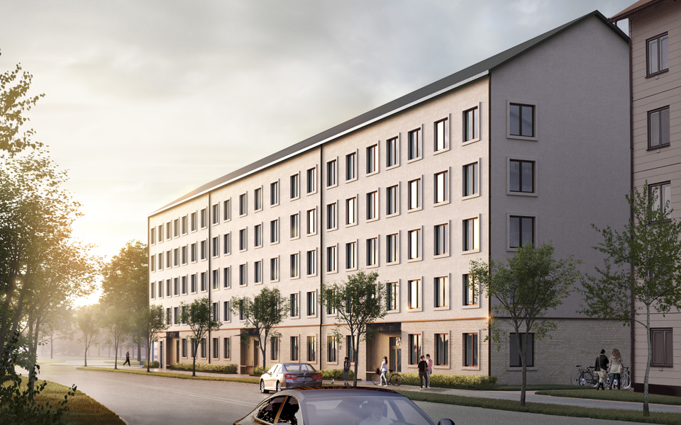 Ett avlångt lamellhus med fyra våningar. Planterade lövträd längs gatan framför huset. Människor i rörelse. Illustration.
