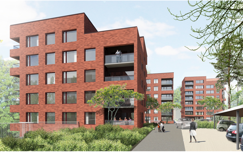 Fem våningar hög bostadshus med tegelfasad, i bakgrunden syns två likadana hus. Framför husen en gångväg och parkeringsytor. Människor i rörelse, illustration.