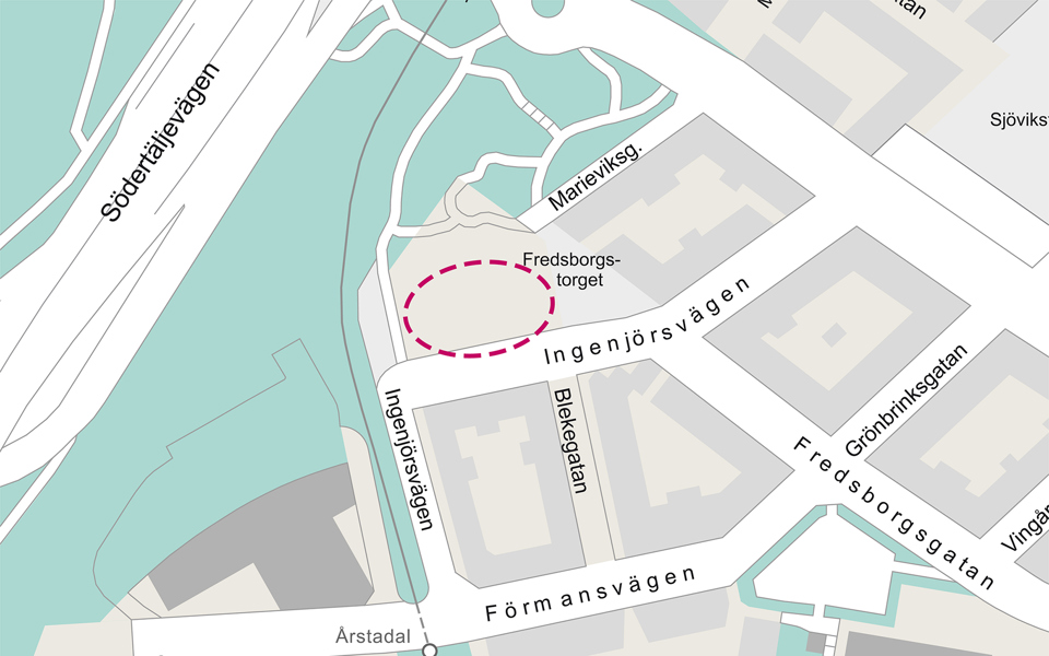 Karta som ringar in platsen för tillfälliga parken vid ingenjörsvägen.