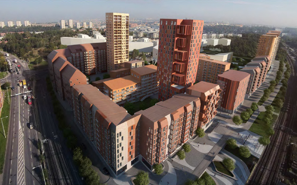Vy över stort nybyggt bostadsområde, sett uppifrån, illustration.