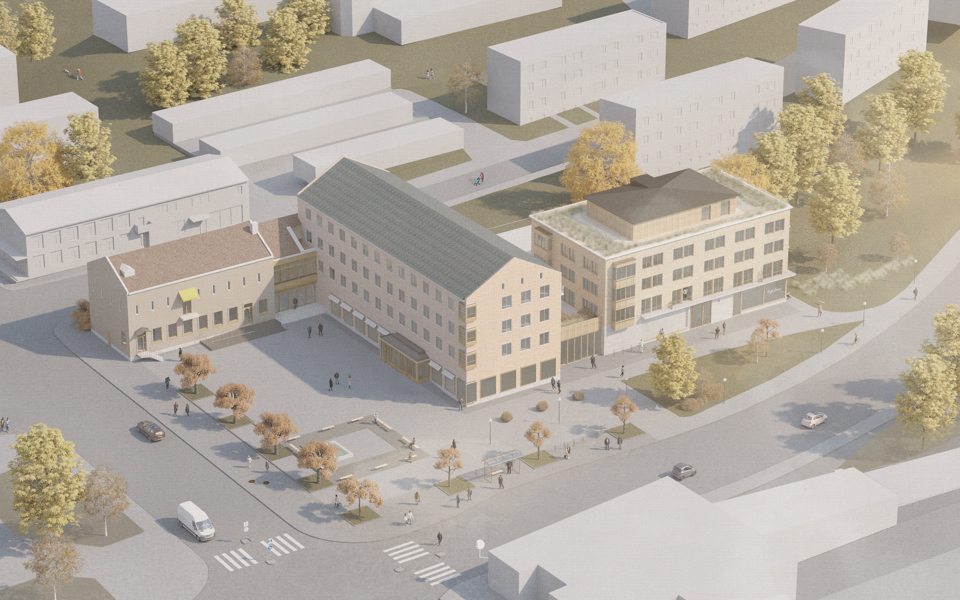 Visionsbild i flygvy över förslaget. I förgrund syns tunnelbanebyggnaden i ljusgrått. bakom syns torget och de befintliga byggnaderna vid Midsommargården med föreslagna byggnader tillagda.