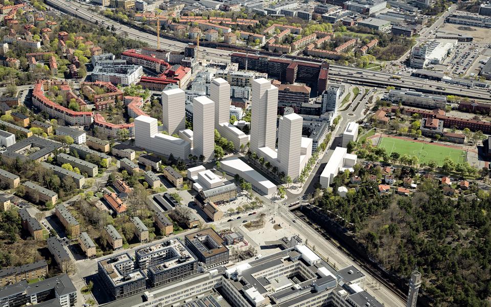 Flygvy över planområdet sett från sydost, med föreslagen bebyggelse. Västbergaskogen syns i nedre högra hörnet, fotomontage.