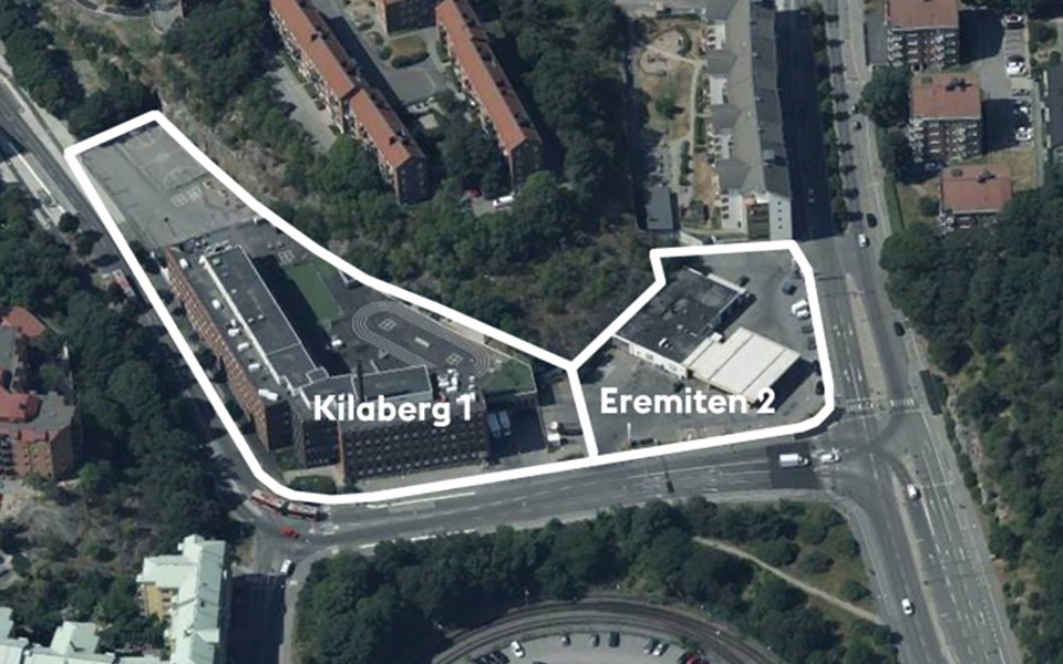 Flygbild över kvarteren Kilaberg 1 och Eremiten 2, som är markerade med vita linjer. 