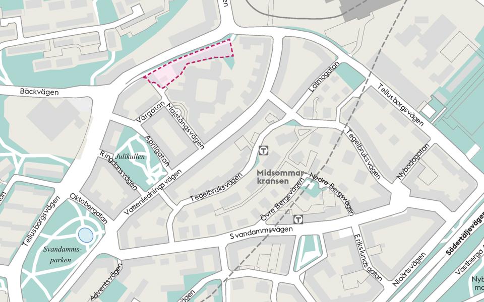 Karta över Midsommarkransen med planområdet markerat