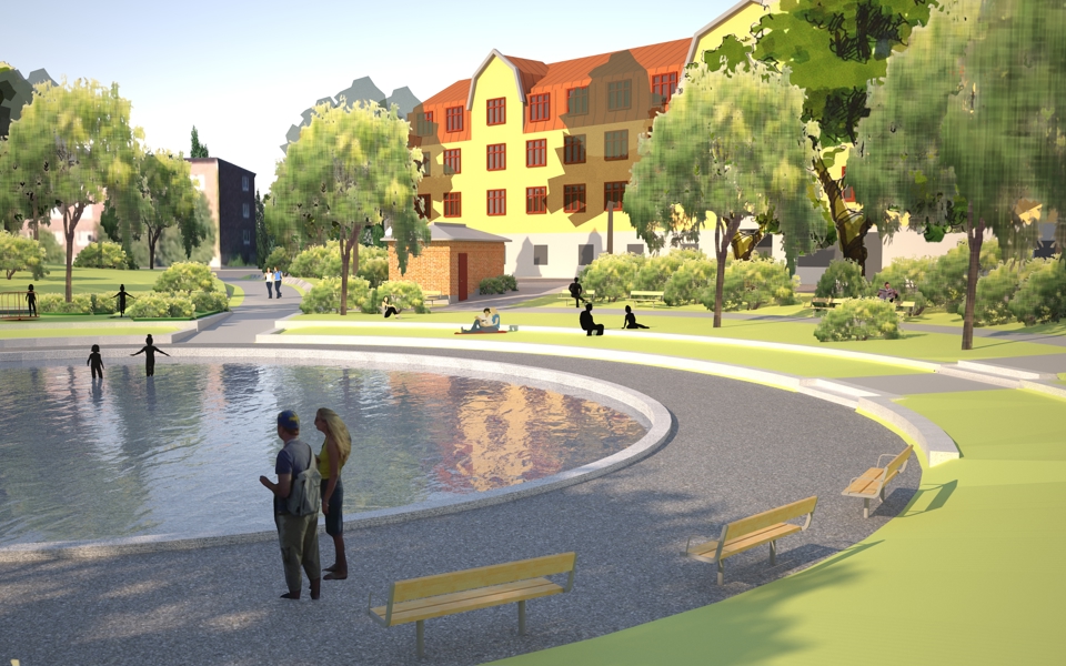 Rund plaskdamm´omgiven av asfalterad rundel med parkbänkar. Gräsmatta, träd och byggnader runt om, människori rörelse, illustration.