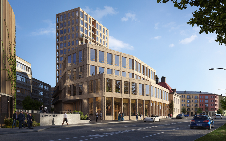 Byggnad med stora glaspartier vid en trafikerad väg, bakom syns en högre byggnad i samma stil, illustration. 
