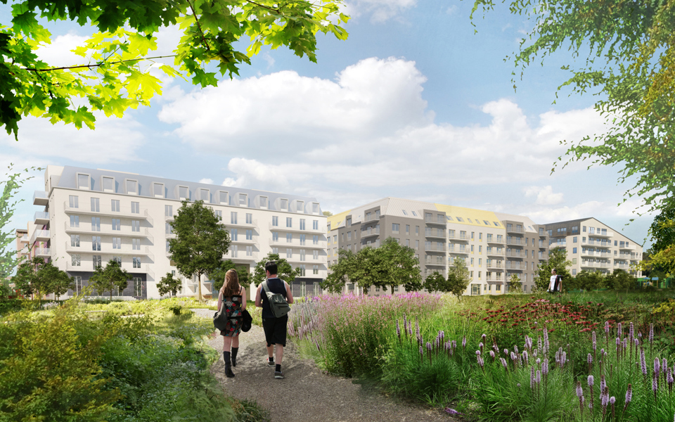 Två personer gående i grönområde, i bakgrunden syns flerbostadshus, illustration.