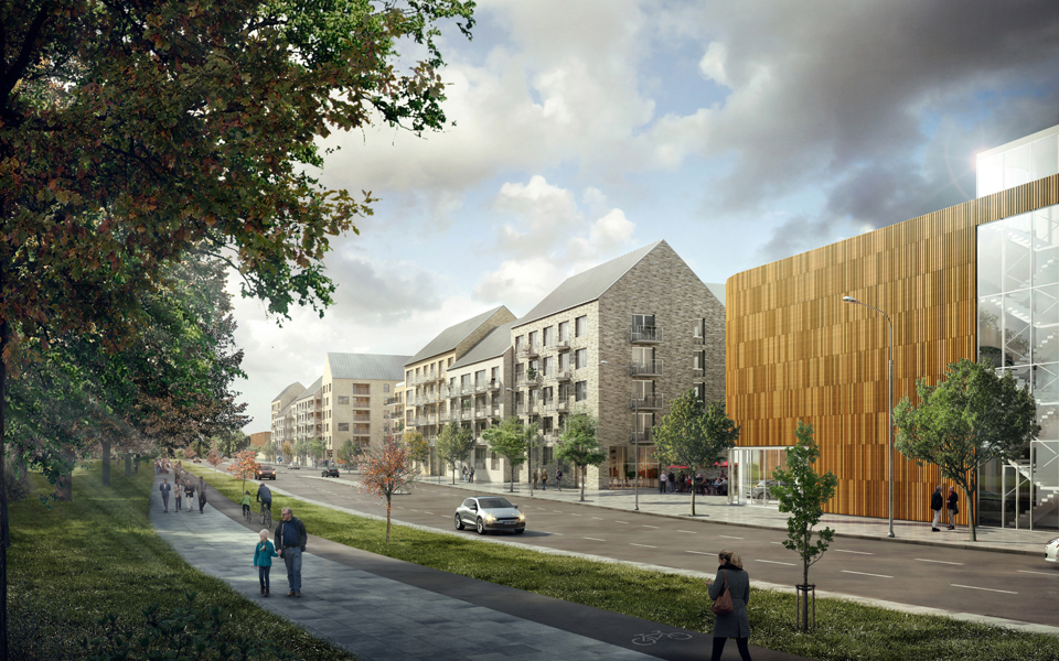 Flerbostadshus och hus med träfasad längs med bilväg, människor och bilar i rörelse, illustration.