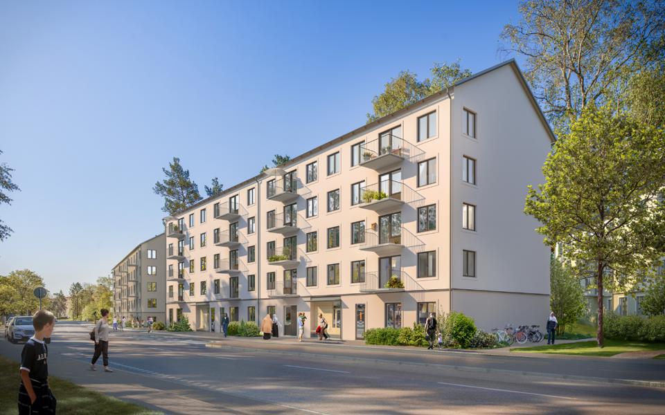 Ljust flervåningshus intill väg. Grönska runtomkring och barn i förgrunden, illustration.