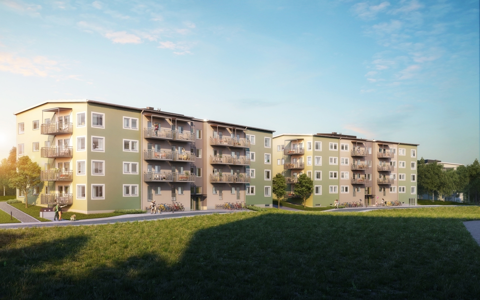 Vy mot flerbostadshus, gräsmatta, gångvägar, illustration.