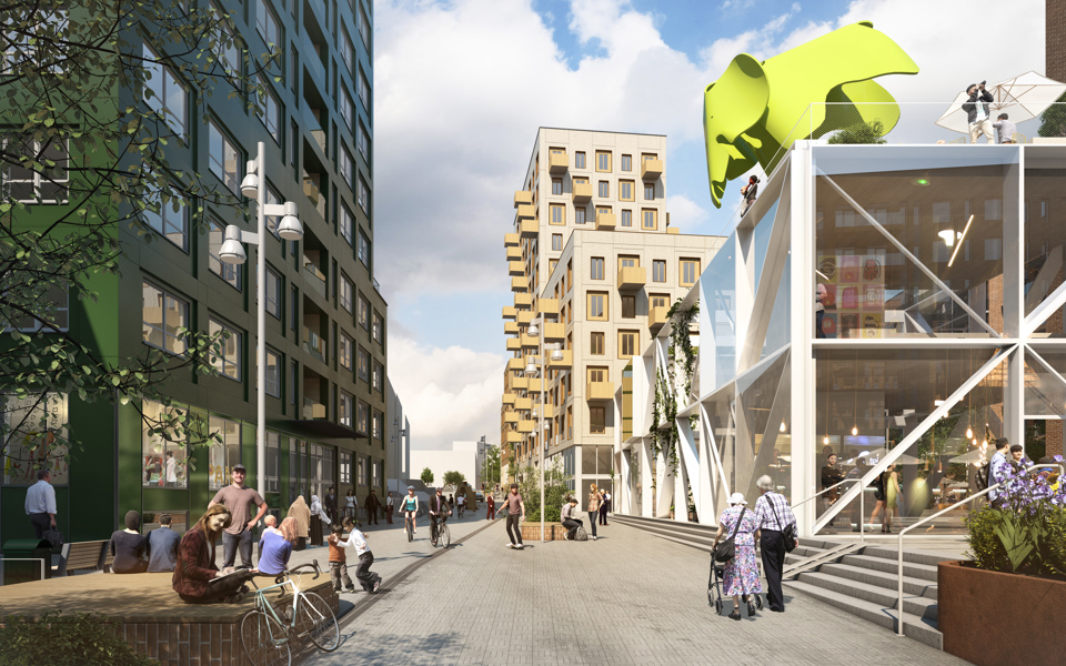 Gågata med bostadshus och verksamheter vid sidan om, människor i rörelse, illustration.