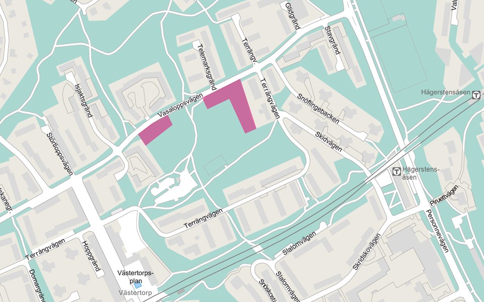 Karta över Västertorp och Hägerstensåsen. Planområdet i Västertorpsparken är markerat.