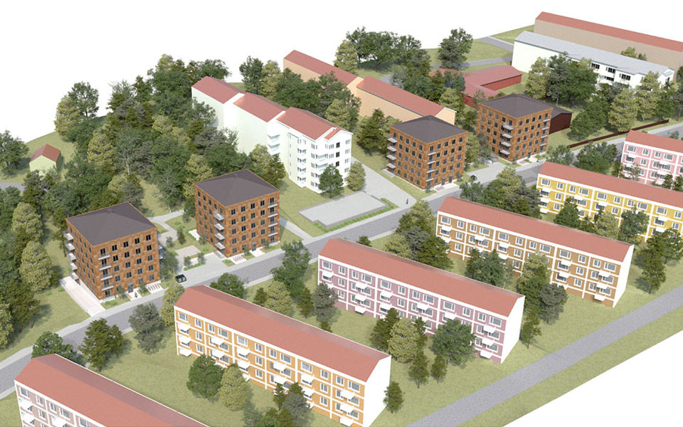 Flygvy över flerbostadshus och grönstråk. Fyra punkthus i brunt och andra flerbostadshus. Grönområde. Illustration