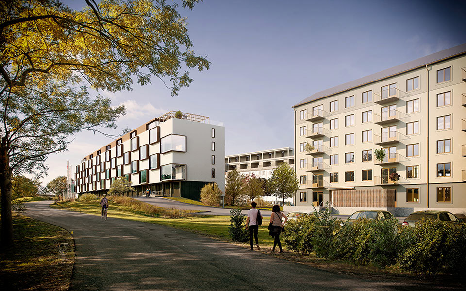 Gångväg längs med två bostadshus. Människor i rörelse på gångvägen. Illustration