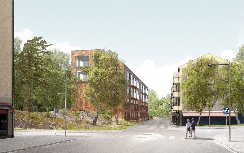 Två flerbostadshus vid en vägkorsning. Ett tegelhus till vänster och ett hus med ljus fasad till höger. Illustration