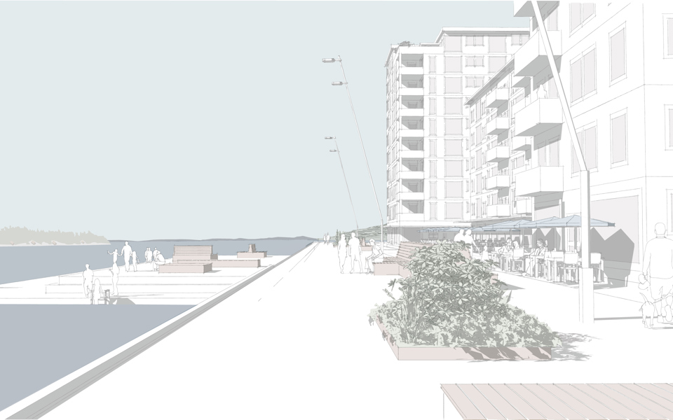 Flerbostadshus invid kaj med brygga. Människor som umgås och promenerar, illustration.
