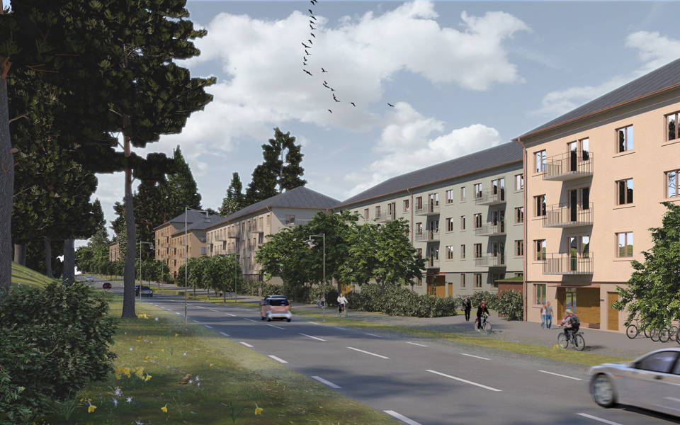 Flerbostadshus längs med gata, cyklar och bilar i rörelse på vägen, illustration.