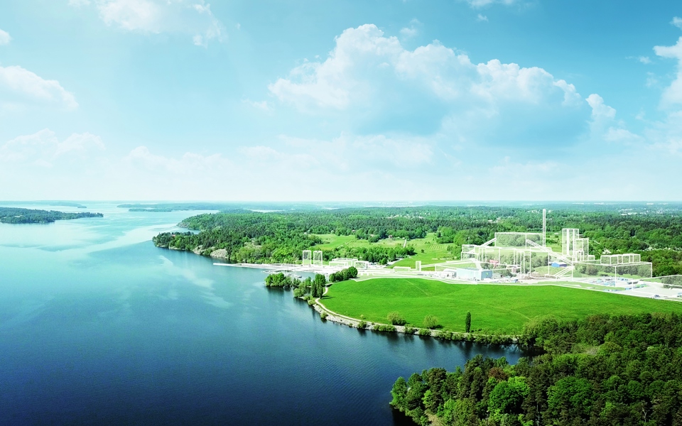 Flygvy över området från Mälaren, konturerna av ett värmeverk, illustration.