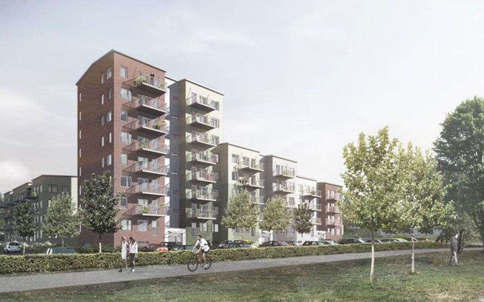 Vy mot flerbostadshus i nivåer, i olika färger, grönska, gångväg, människor i rörelse, illustration.