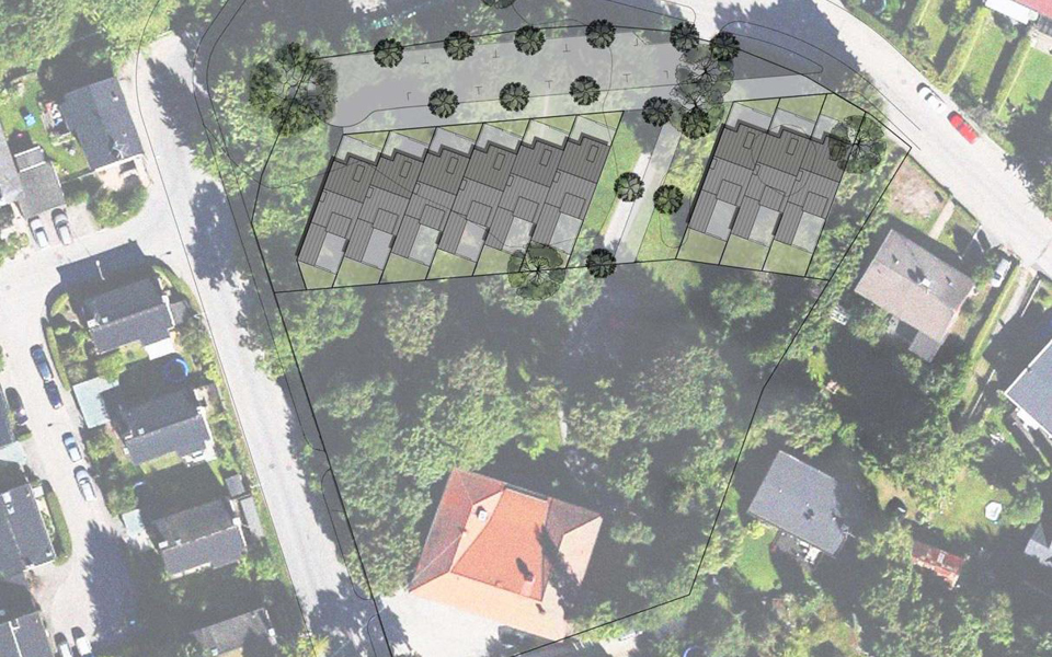 Vy ovanifrån. Folkets hus i tomtens södra del och de nio radhusen i tomtens norra del, situationsplan, illustration.