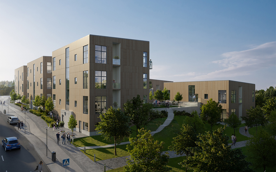 Grönskande bostadsområde, människor promenerar på gatan intill, illustration.