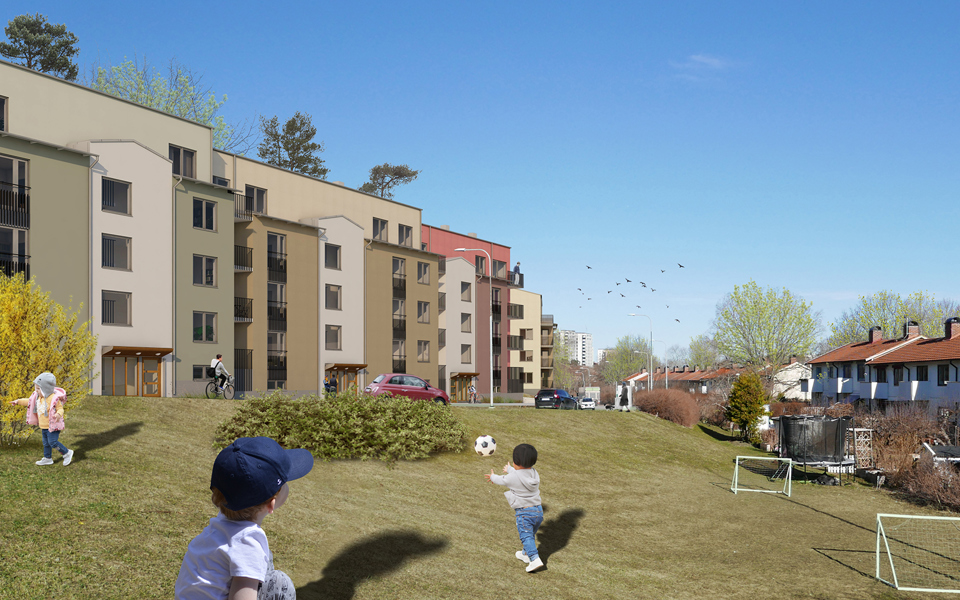 Gräsyta mellan flerbostadshus. Barn som leker, illustation.