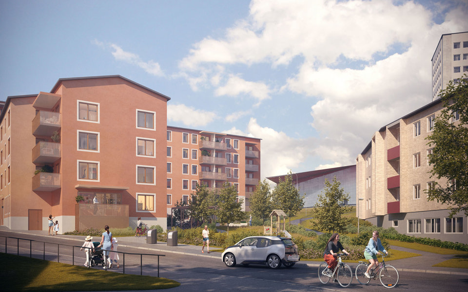 Område med flerbostadshus i backe, människor i rörelse, illustration.