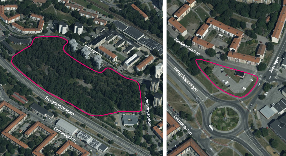 Översikt över platserna där ny bebyggelse föreslås, med rosa markering för planområdet.