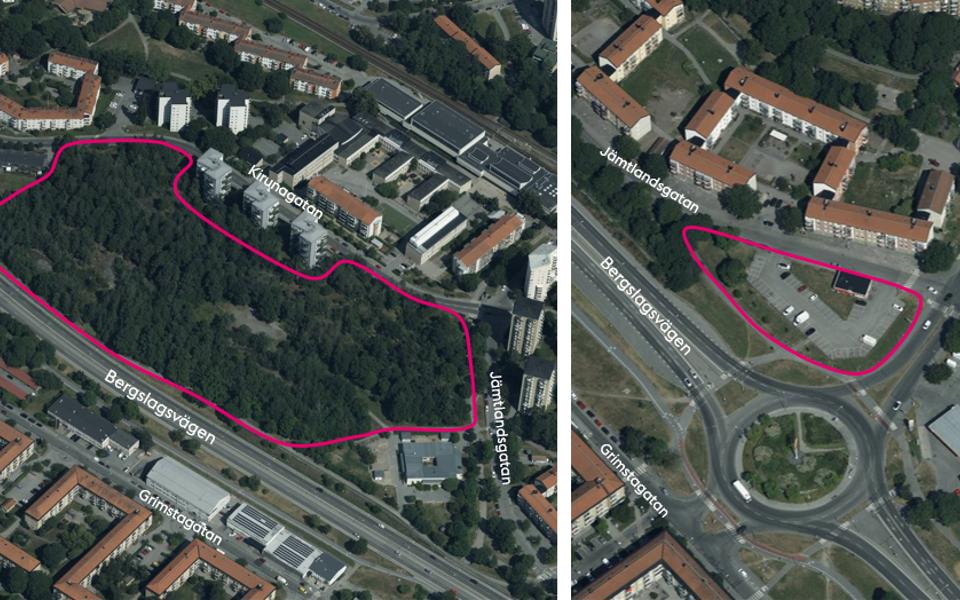 Översikt över platserna där ny bebyggelse föreslås, med rosa markering för planområdet.