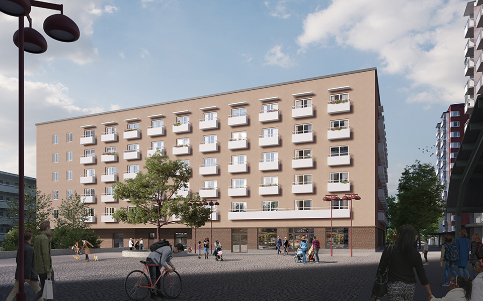 Bostadshus, torg, träd, människor som promenerar och cyklar. Illustration.