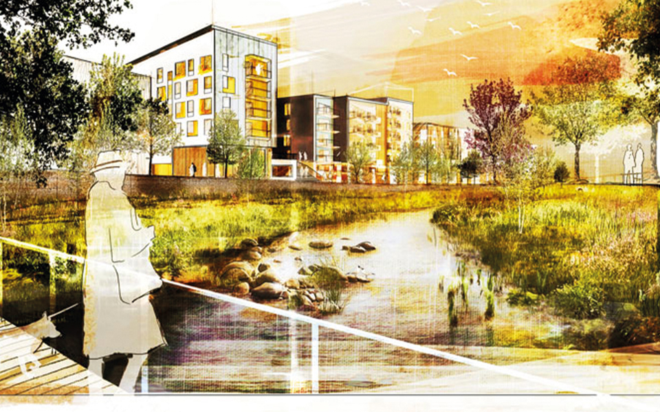 Person på bro med blicken mot å, flerbostadshus i bakgrunden, illustration.