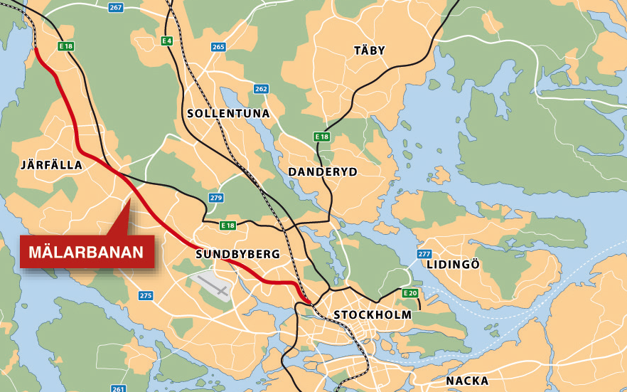 Kartbild över Stockholm med Mälarbanan markerat i rött