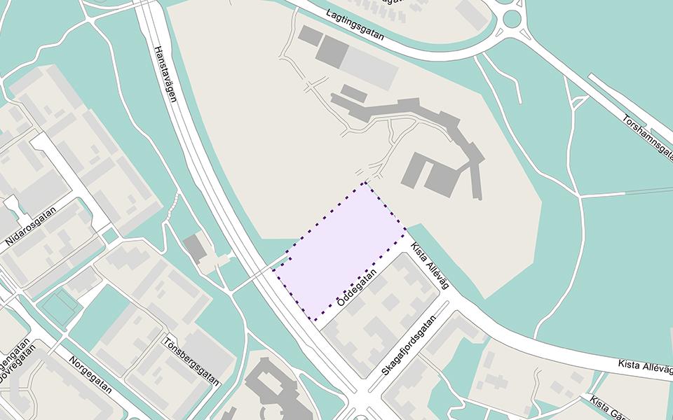 Vid Hanstavägen och Oddegatan planeras det för cirka 240 bostäder . Området är markerat, kartbild.