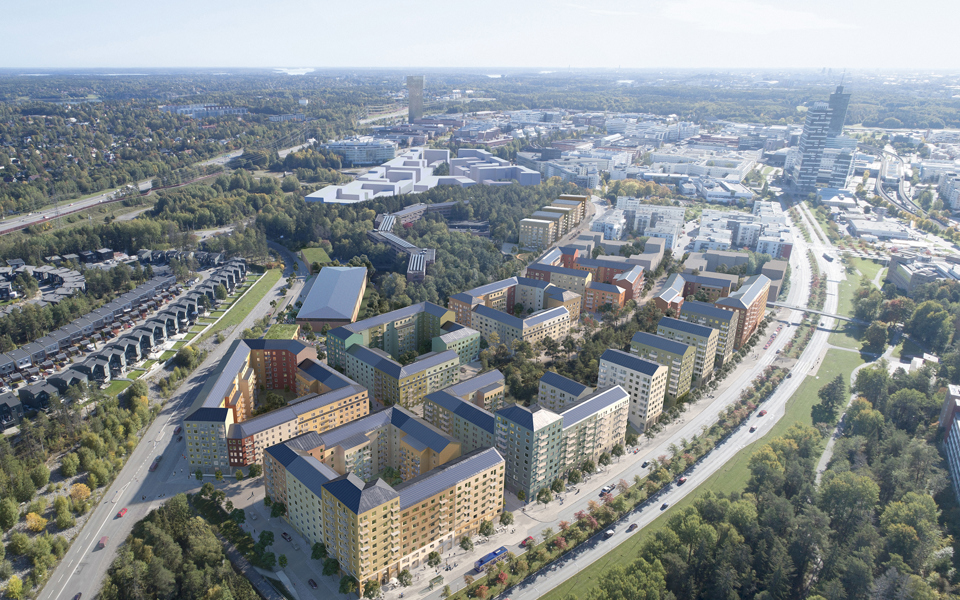 Flervånings bostadshus som ligger vid allé och bilväg. Omgivande gräsmattor och träd. Illustration.