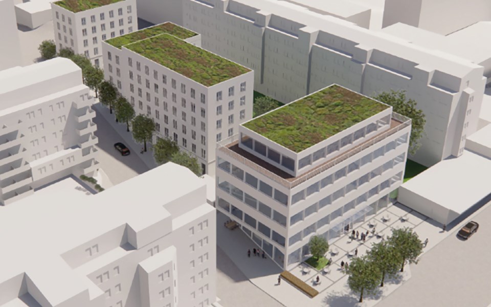 Modellbild som visar två flerbostadshus och ett kontorshus. På taken har husen gröna ytor. Framför husen, vid Rinkebystråket, finns en torgyta. Illustration