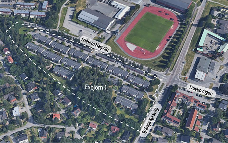 Översikt över området med ungefärligt planområde markerat med vitt.