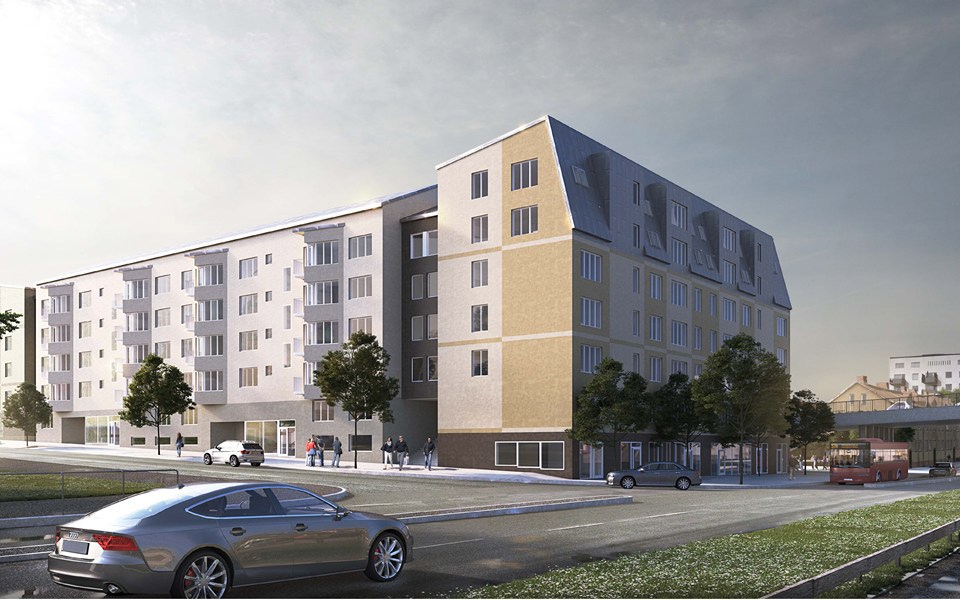 Bostadshus med fem våningar i korsning. Människor, bilar och buss i rörelse, visionsbild.