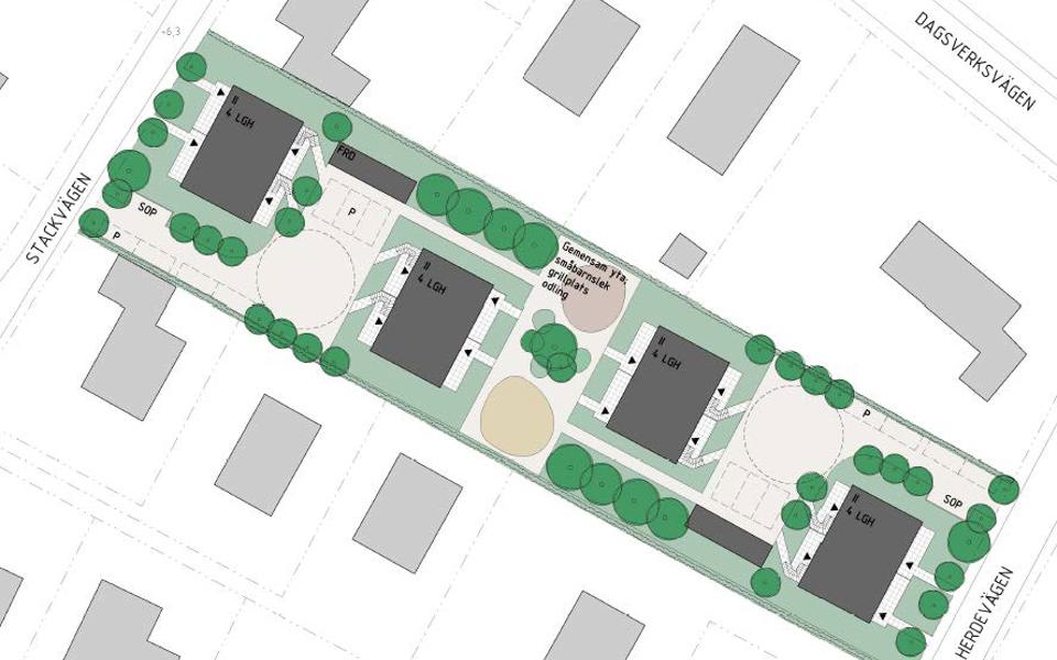 Illustration karta som visar de fyra bostadshusen med omgivning.