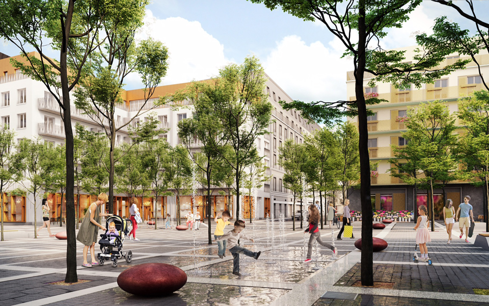 Torg med trädplanteringar, fontän, omgivande flerbostadshus och verksamhetslokaler, människor i rörelse, illustration.