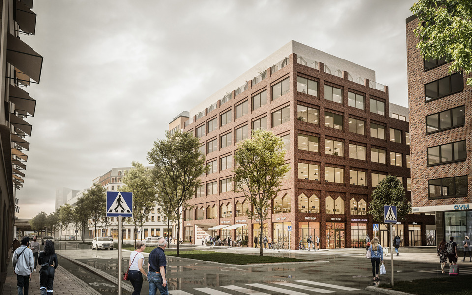 Vy mot byggnad med fasad av rött tegel, människor i rörelse längs med gatan utanför, illustration.