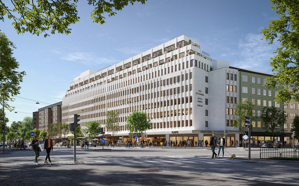 Vy mot flervåningshus i korsning i stadsmiljö, människor i rörelse, illustration.