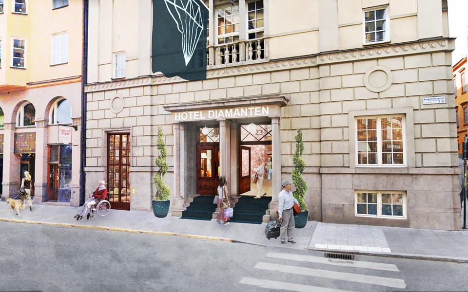 Fastigheter med vy från gatan. Entré till hotell. Växter i kruka på vardera sida om entrén. Människor i rörelse. Illustration.