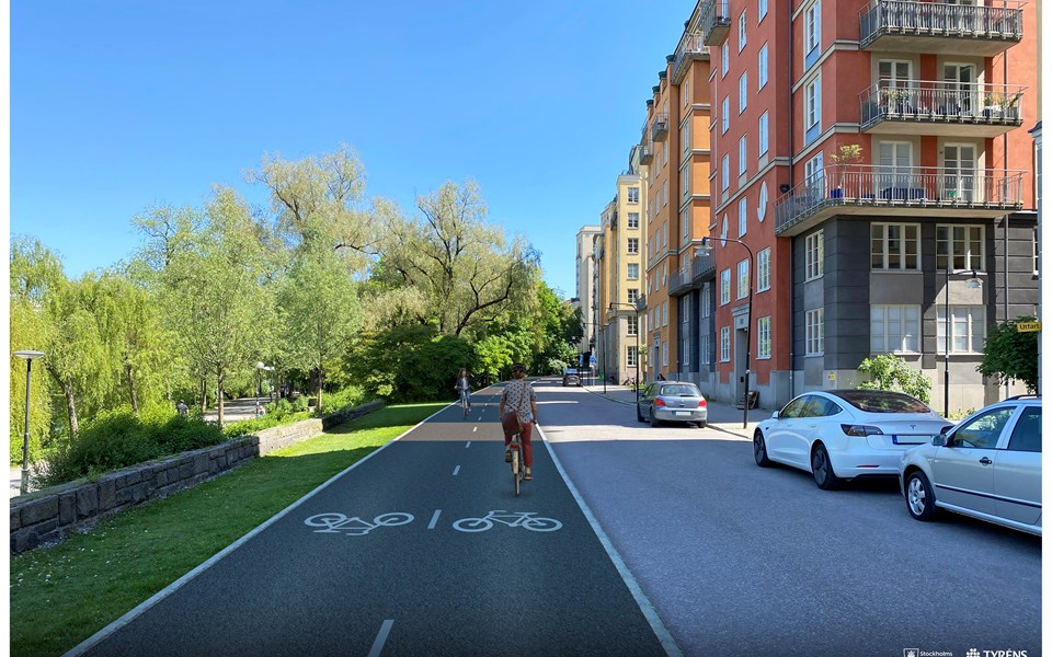 Vy längs med väg med bilväg och cykelbana, till höger i bild flerbostadshus. Människor på cyklar i rörelse, fotomontage.