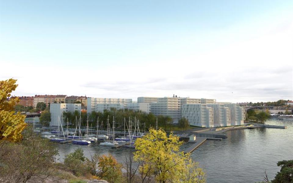 Vy mot flerbostadshus, båtar, vatten, bryggor, illustration.
