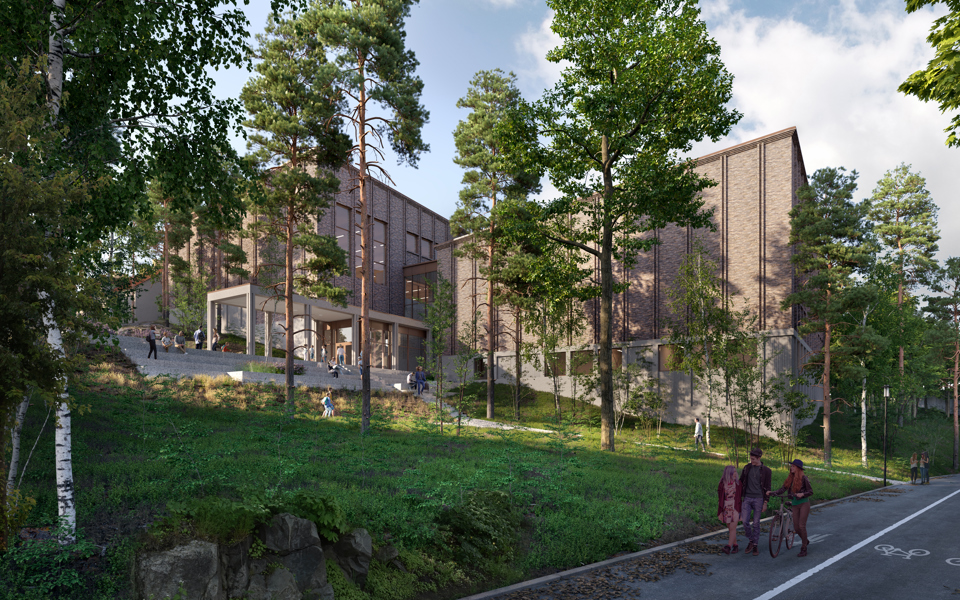 En byggnad med fyrkantig form och ljus fasad. Framför byggnaden finns träd och annan grönska och en gång- och cykelbana, illustration.