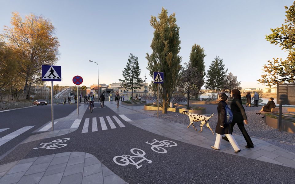 Gång- och cykelbana, övergångsställen. Träd och sittplatser. Bil och människor i rörelse, visionsbild.