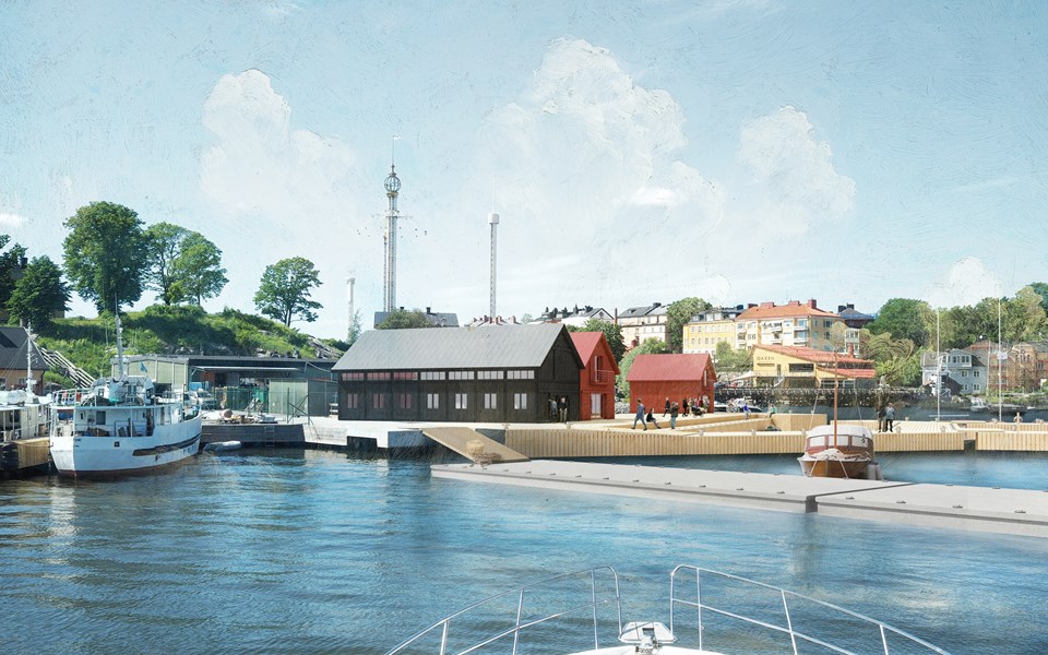 Vy över en småbåtshamn med båtar, brygga och byggnader, Människor i rörelse. I bakgrunden syns träd, bostadshus och attraktioner vid Gröna Lund. Illustration