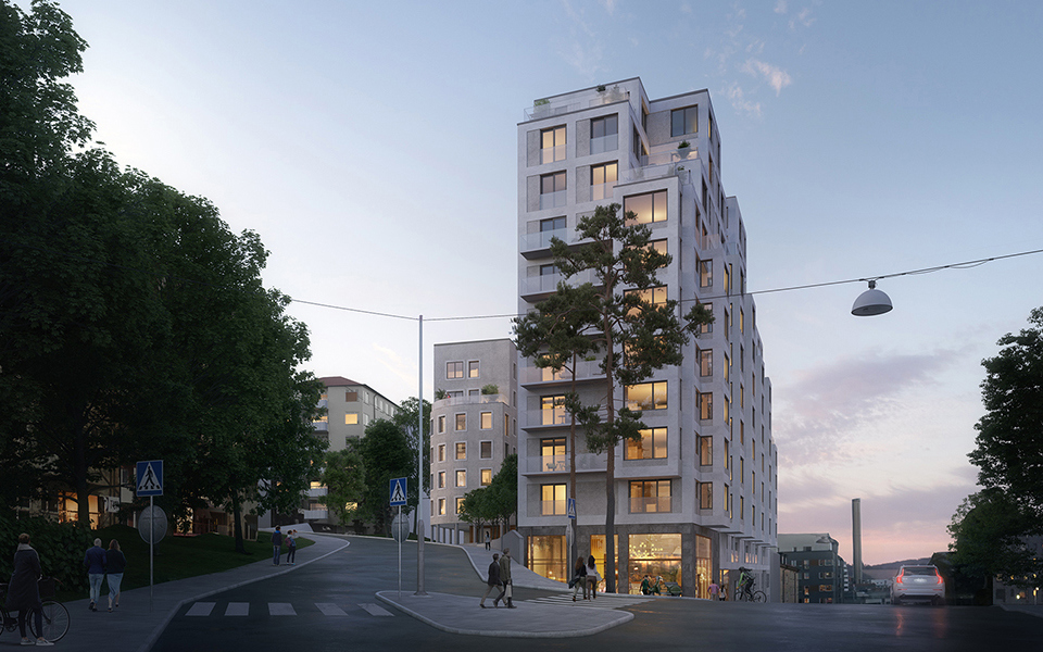Vy från korsning mot flerbostadshus med verksamhetslokal på bottenplan, bilväg, trottoarer, människor i rörelse, illustration.