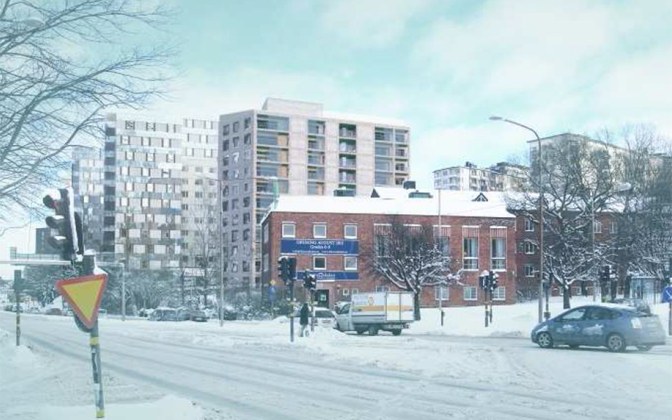 Flerbostadshus vid korsning, bilar och människor i rörelse, vinter, illustration.